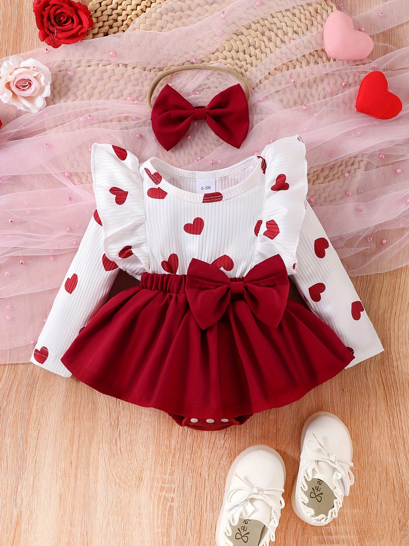 Girls Heart Print Dress Set with Bow, Polyester Knit, Fall Winter, Matching Headband