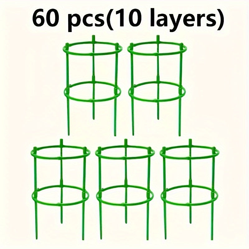 60 Green Plastic Flower Pot Stakes with Stackable Support Rings and Hooks for Outdoor Gardening