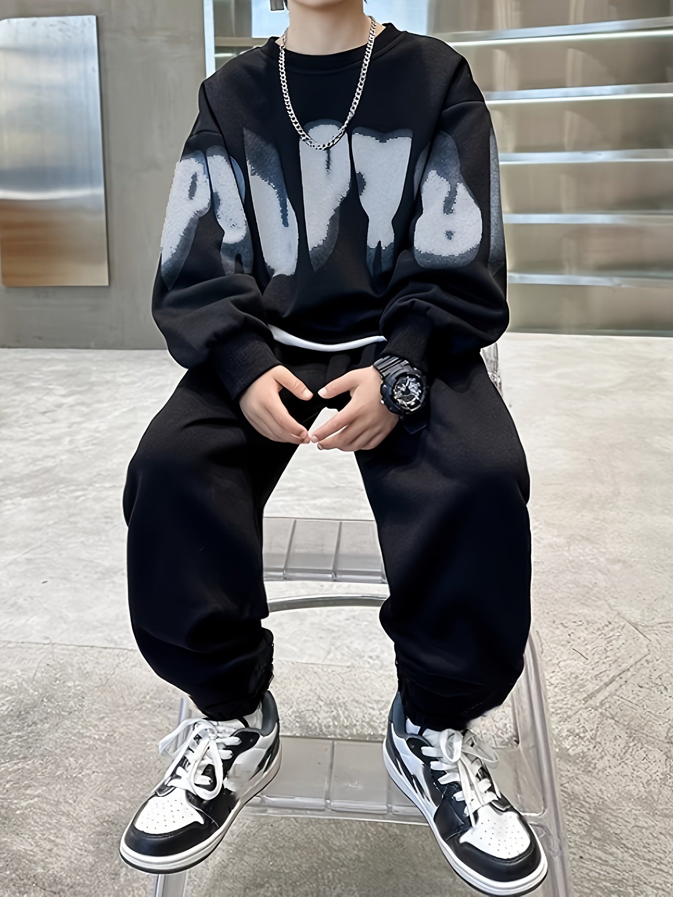 Men's Casual W Print Sweatshirt and Pants Set Black White Letter Design Polyester Fall Winter Comfortable Pockets