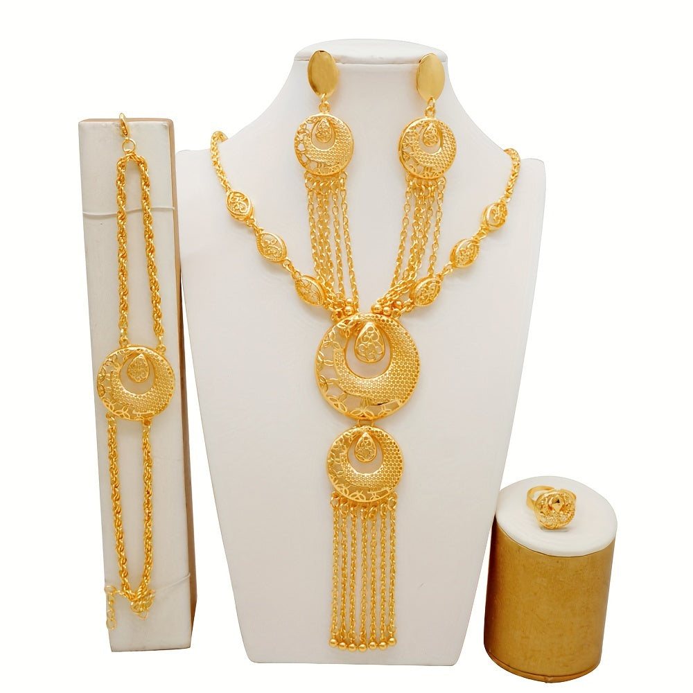 Elegant Gold Plated Jewelry Set with Tassel Necklace Earrings Bracelet Ring for Weddings