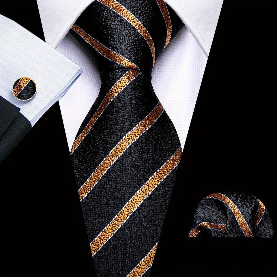 Men's Classic Striped Tie Set with Matching Handkerchief and Cufflinks for Formal and Casual Wear