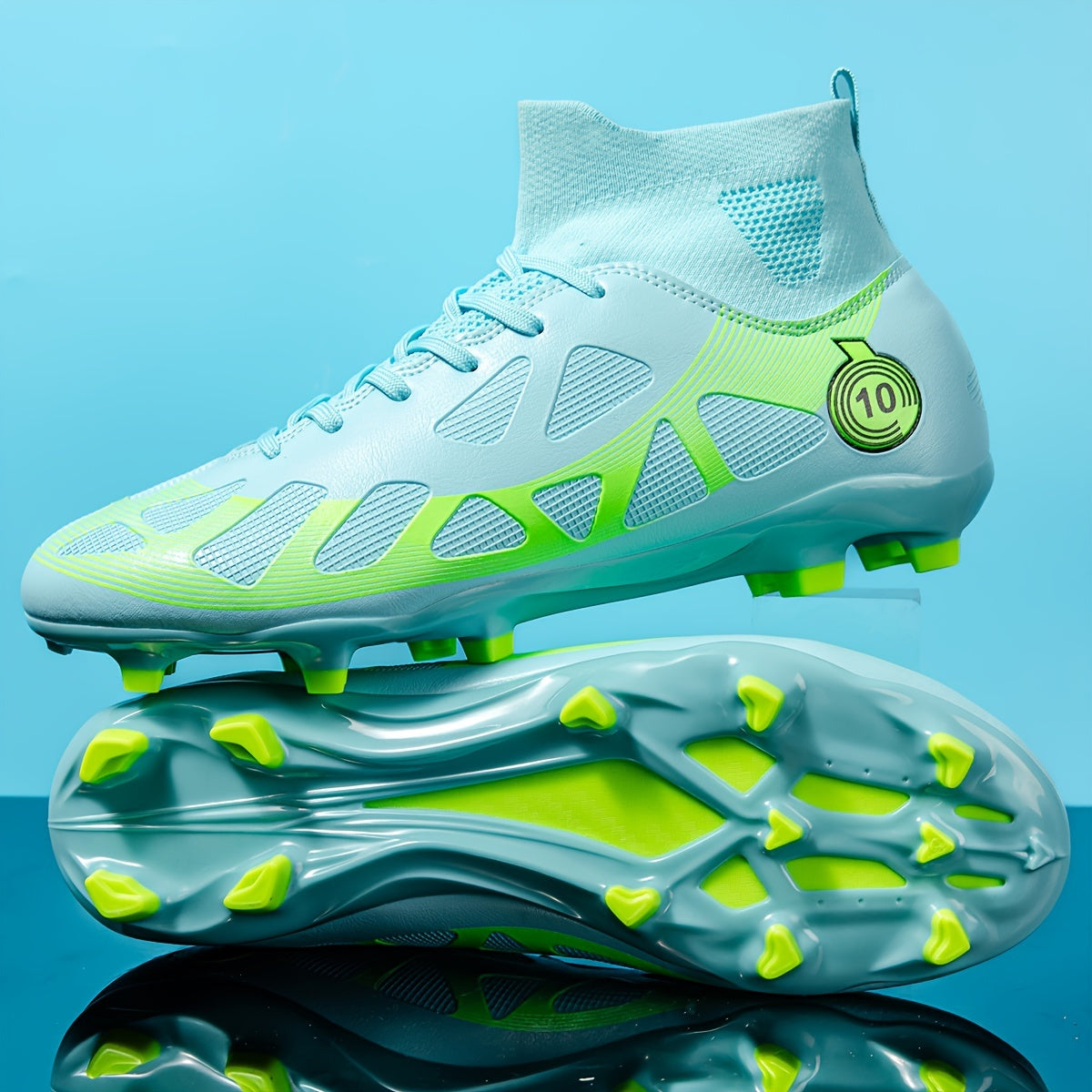 Men's White and Teal High-Top Soccer Cleats with Long Studs for Outdoor Training and Matches