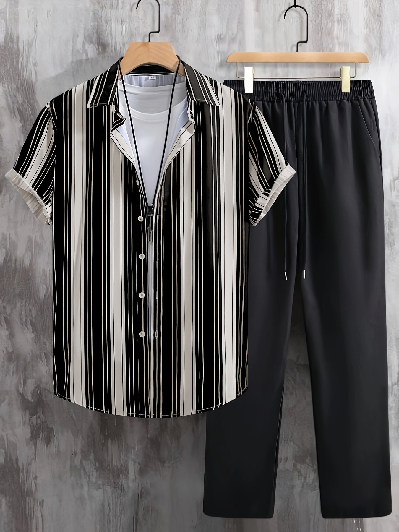 Men's Casual Geometric Polyester Outfit with Lapel Collar for Fall