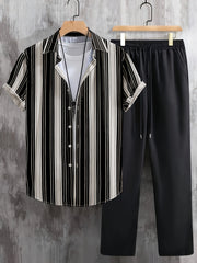 Men's Casual Geometric Polyester Outfit with Lapel Collar for Fall