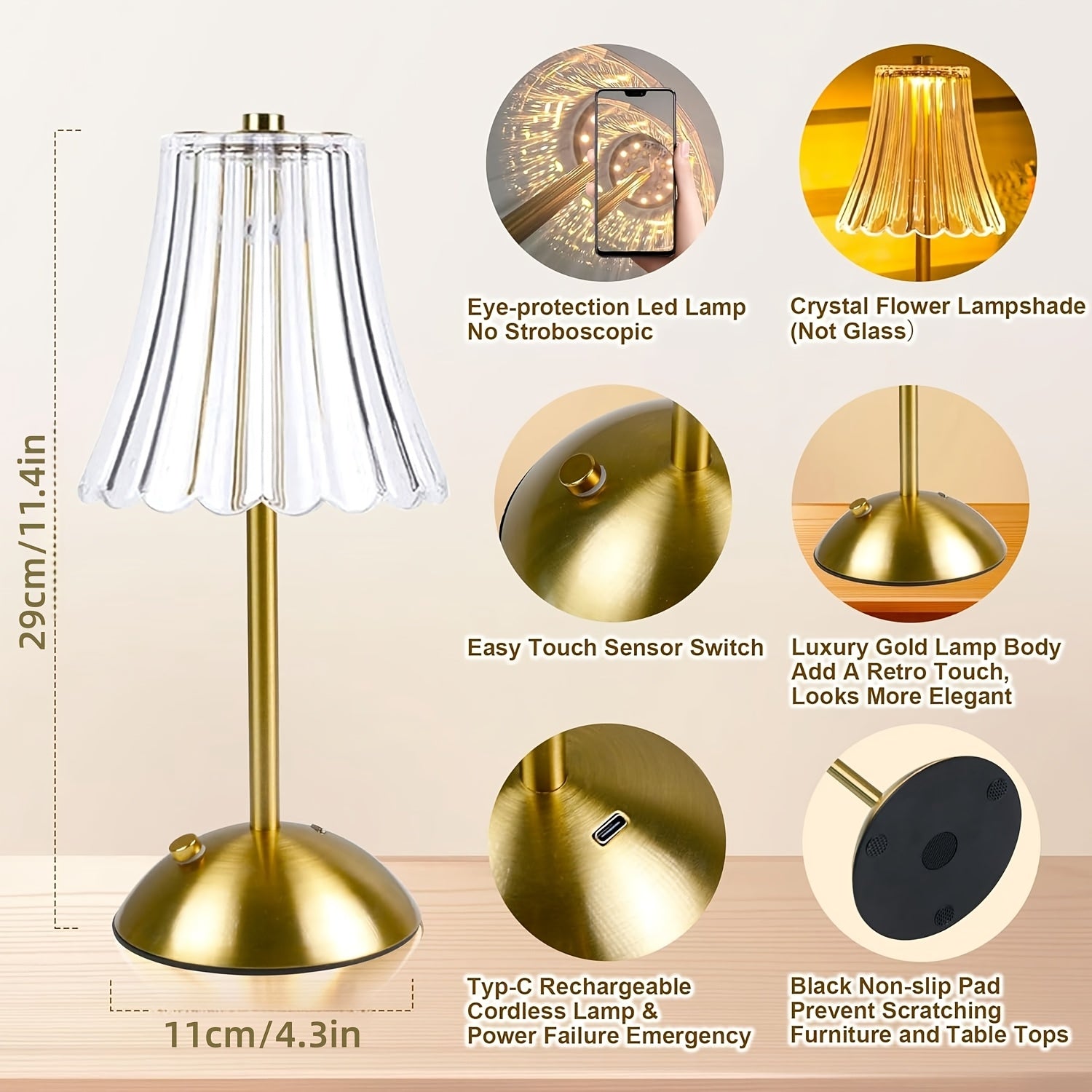 Lámpara de mesa LED Art Deco con control táctil, recargable por USB, brillo ajustable