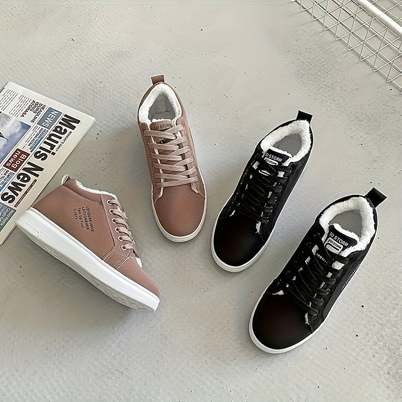 Women's Winter Lace-Up Snow Boots with Fleece Lining, Brown, Slip-Resistant Rubber Sole