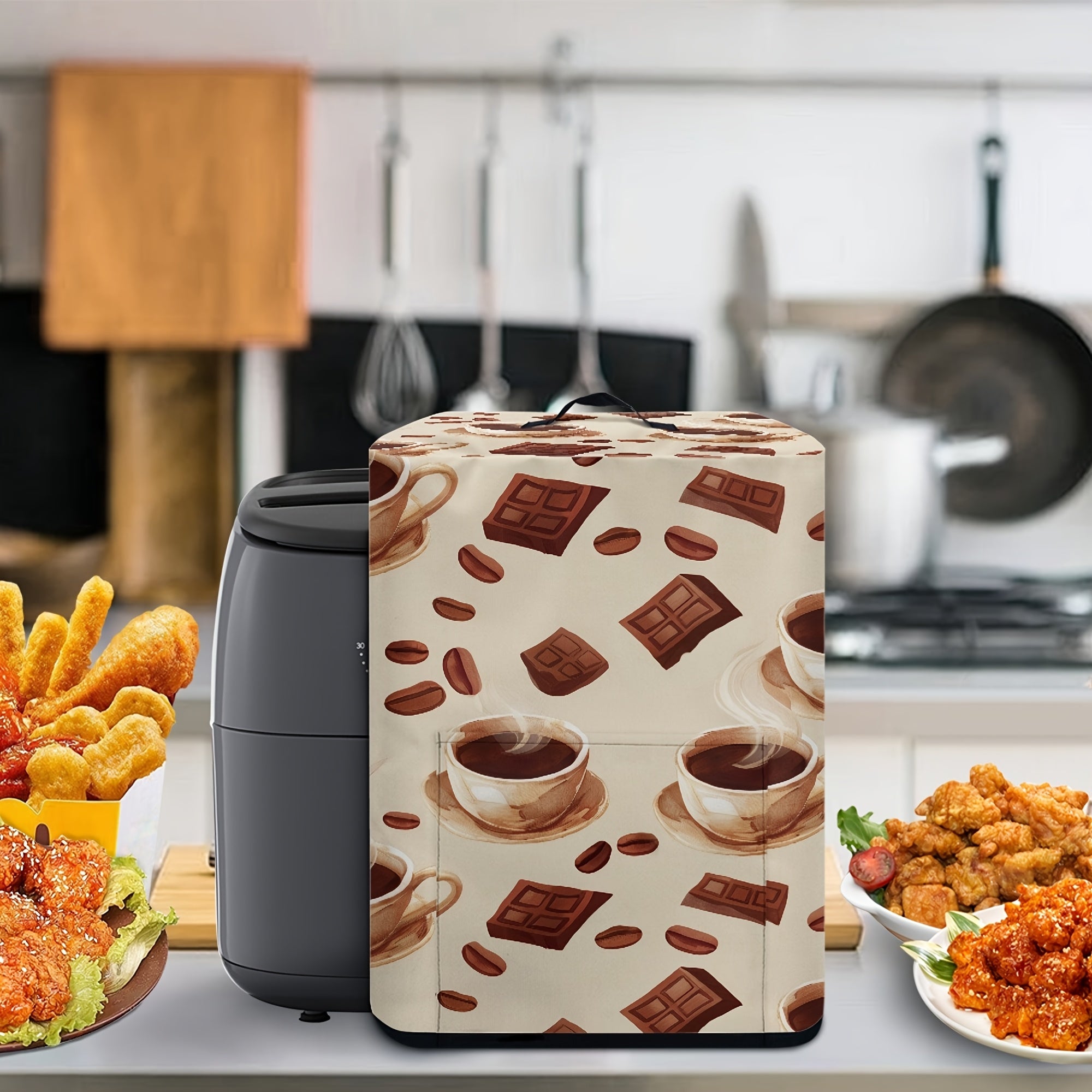 Ko'p funksiyali oshxona apparati qopqog'i tutqichi va qog'oz sochiq sumkasi bilan, elektr qozon, bosim qozoni va havo fritöre uchun mos. Havo fritöre uchun qahva mavzusidagi chang qopqog'i, mukammal.