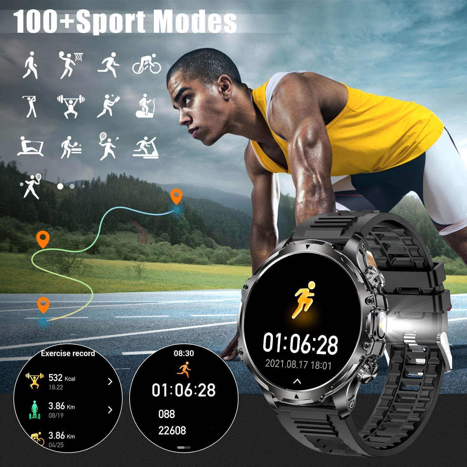 JELLOO 2024 Sport Aqlli Soat 800mAh batareya, 1.85" displey, simsiz qo'ng'iroqni javob berish, LED chiroq, USB zaryadlash, zanglamaydigan po'latdan yasalgan tasma, ko'p sport rejimlari, iPhone va Android uchun