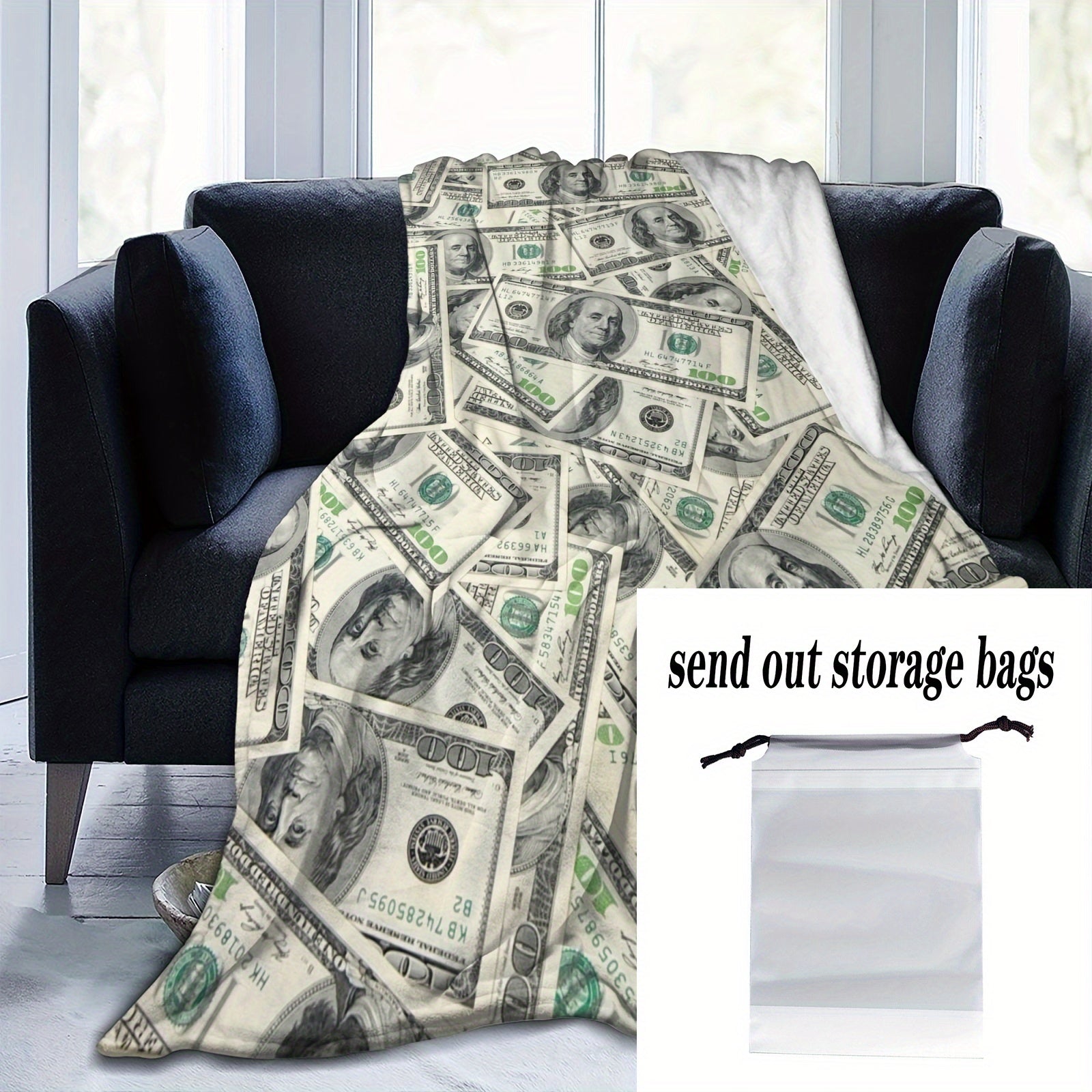 Soft Flannel Blanket with Dollar Print for Nap Time Travel and Gifting