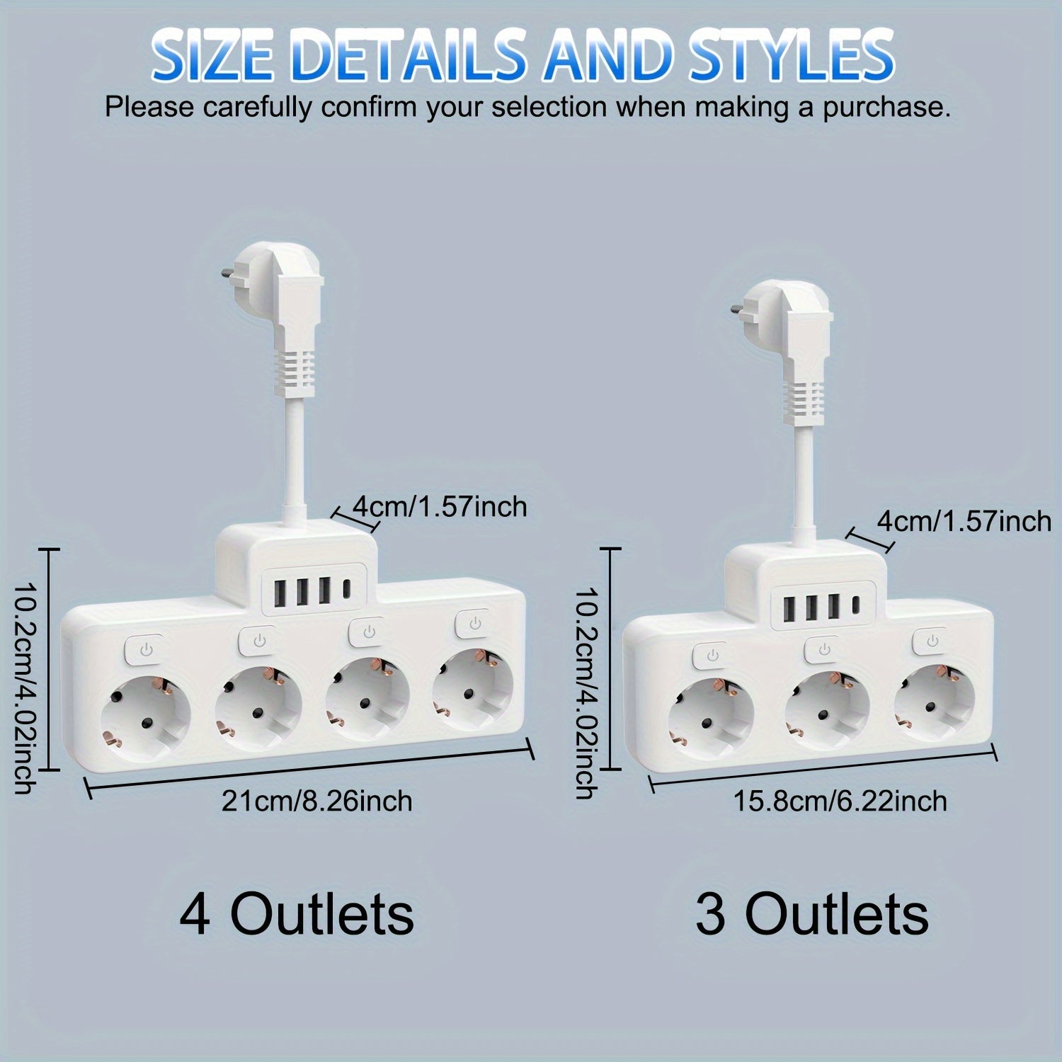 Power Strip with 4 AC Outlets and 4 USB Ports, Individual Switches, Short Cord