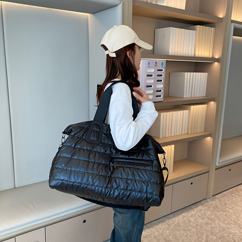 Down Quilted Travel Bags with Zipper, Lightweight Sports and Fitness Duffel Bags in Black White Blue