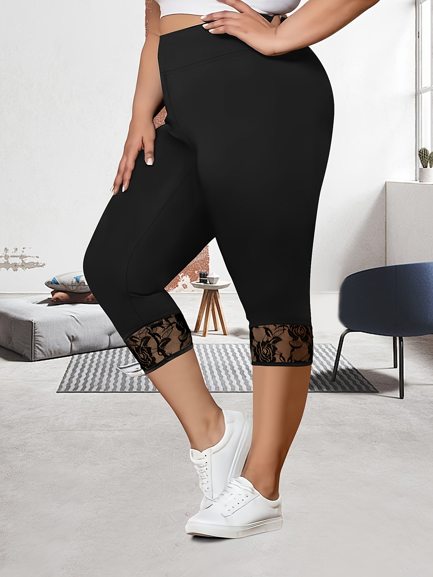 Plus Size Women’s High-Waisted 7/8 Leggings with Lace Trim Yoga Workout Pants