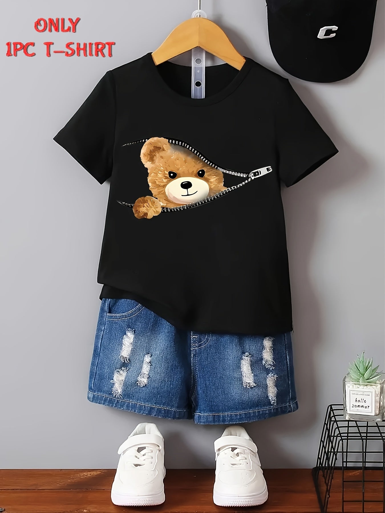 Kids Boys Summer Short Sleeve Bear Print T-Shirt Crew Neck Casual Top