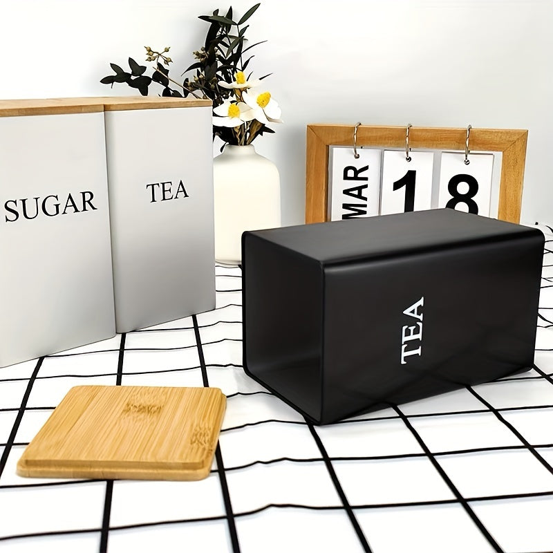 Square Metal Canisters Set of 3 with Bamboo Lids for Tea Coffee Sugar Storage