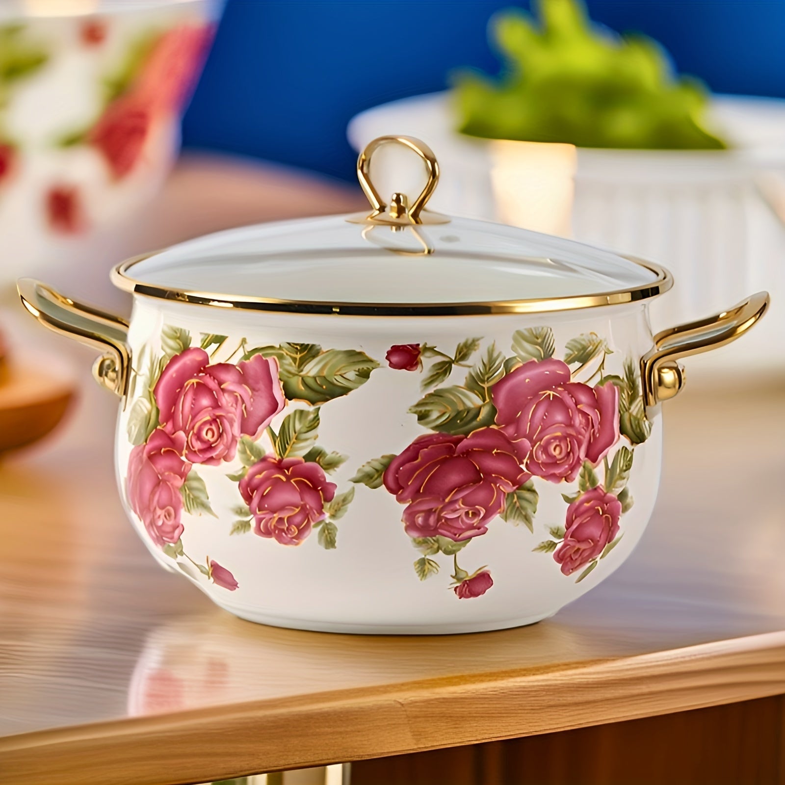 Stockpot with Gold Handle and Rose Flower Enamel Design, Includes Glass Lid, Multiple Sizes