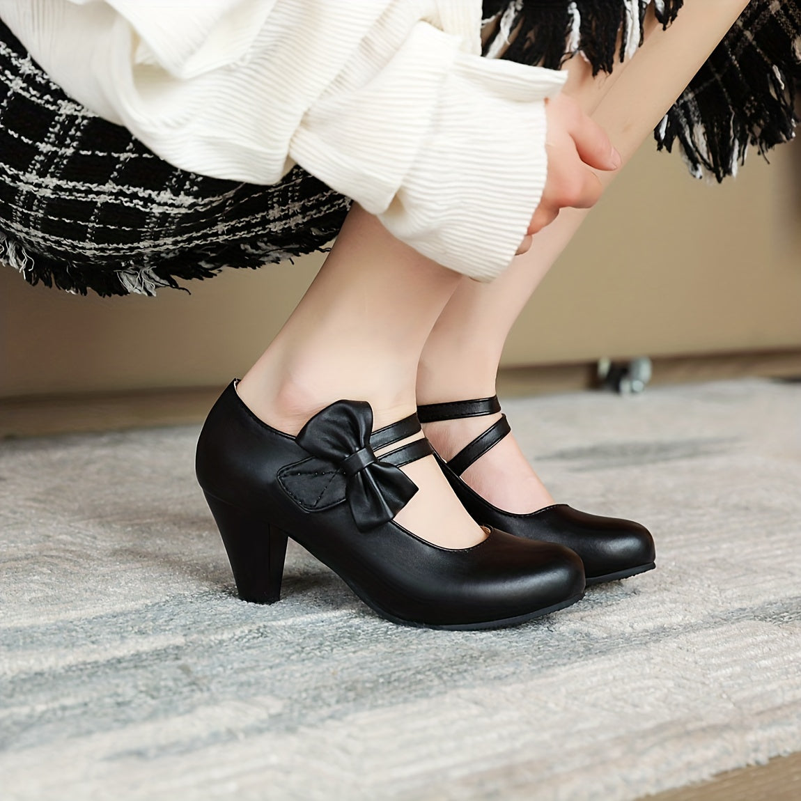 Women's PU Leather Round Toe Kitten Heel Pumps with Bowknot Ankle Straps