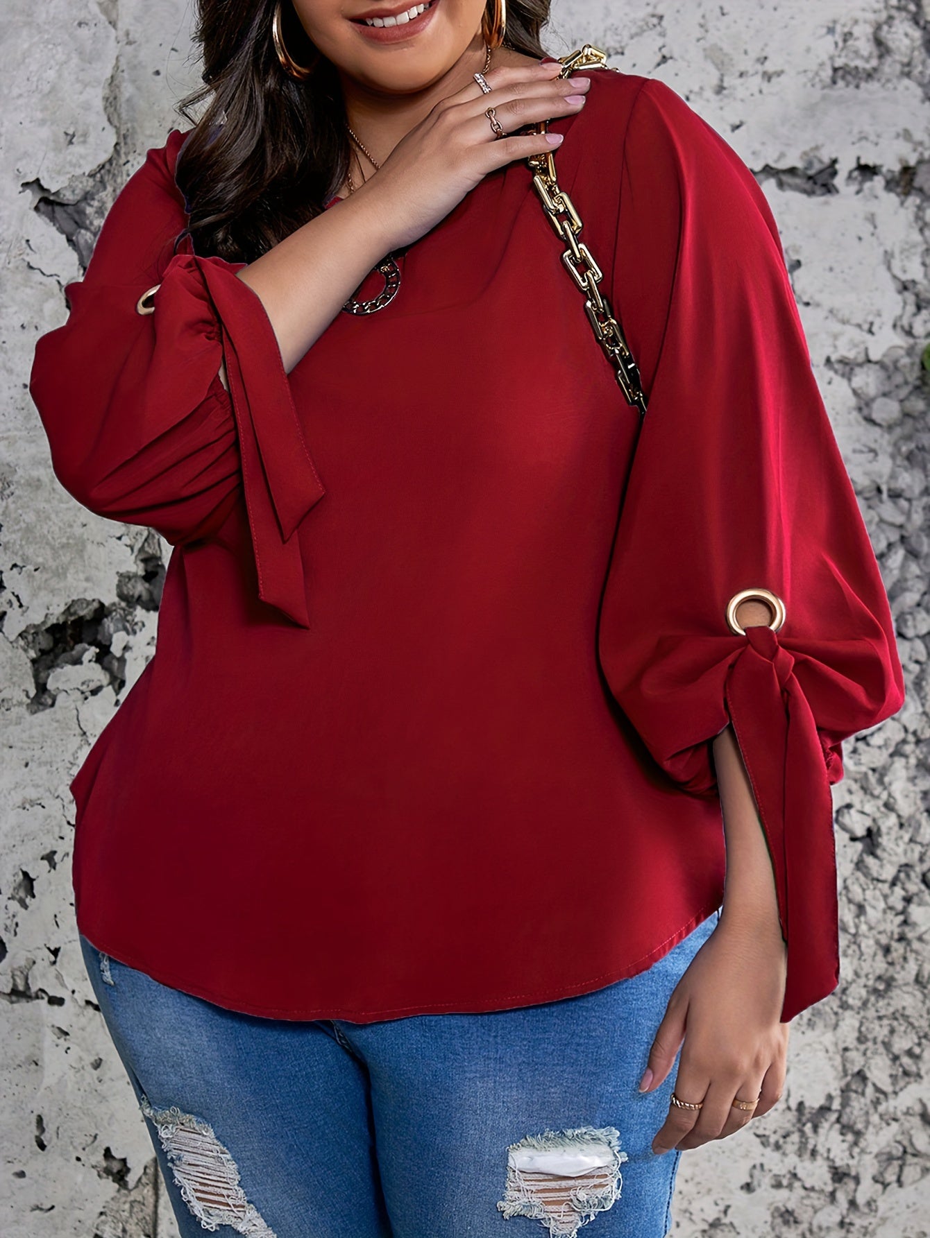 Plus Size Women's Casual Top with Solid Colors Lantern Sleeves Round Neck