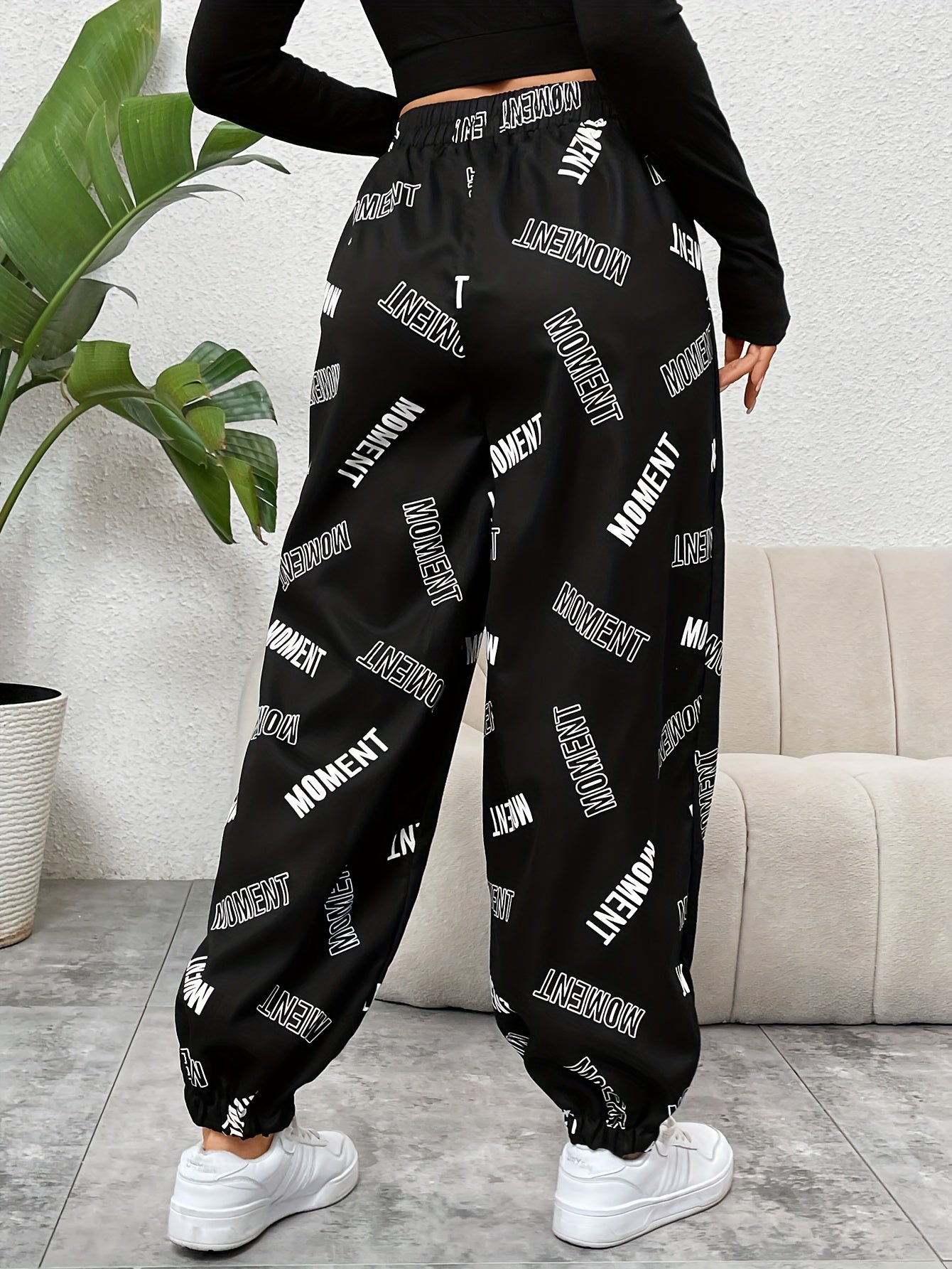 Women's Monogrammed Casual Pants with Elastic Waistband Polyester All-Season