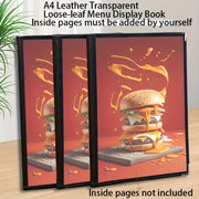 Set of 4 A4 Leather Menu Display Books with Transparent Loose-Leaf Pages for Restaurants