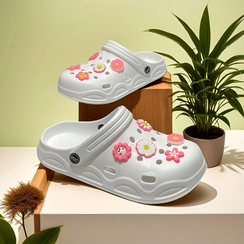 Women's Summer Clogs With Pink Flower Accessories Slip-On Comfortable Beach Daily