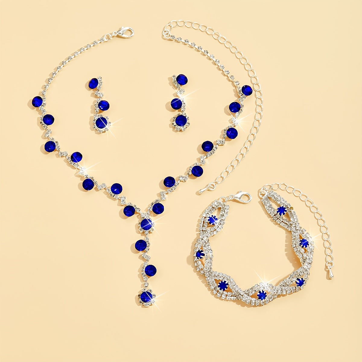 Sapphire Blue Jewelry Set with Necklace Earrings and Bracelet Synthetic November Birthstone