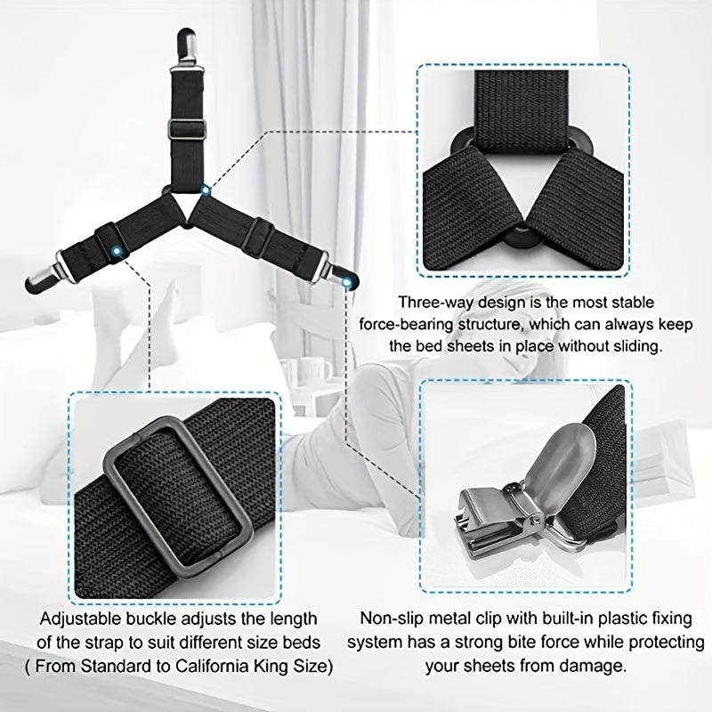 4 ta moslashuvchan uchburchakli varaq ushlagichlar to'plami, elastik matras varaq kliplari, sirpanmaydigan yotoq varaq ushlagichlar va divan, stol qoplamalari uchun to'qilgan tasma mahkamlagichlar; tozalash oson
