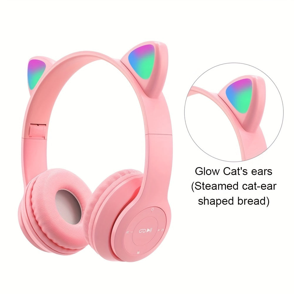 Anime Cat Ear Wireless Headphones with LED Lights Microphone and Volume Control for Cycling
