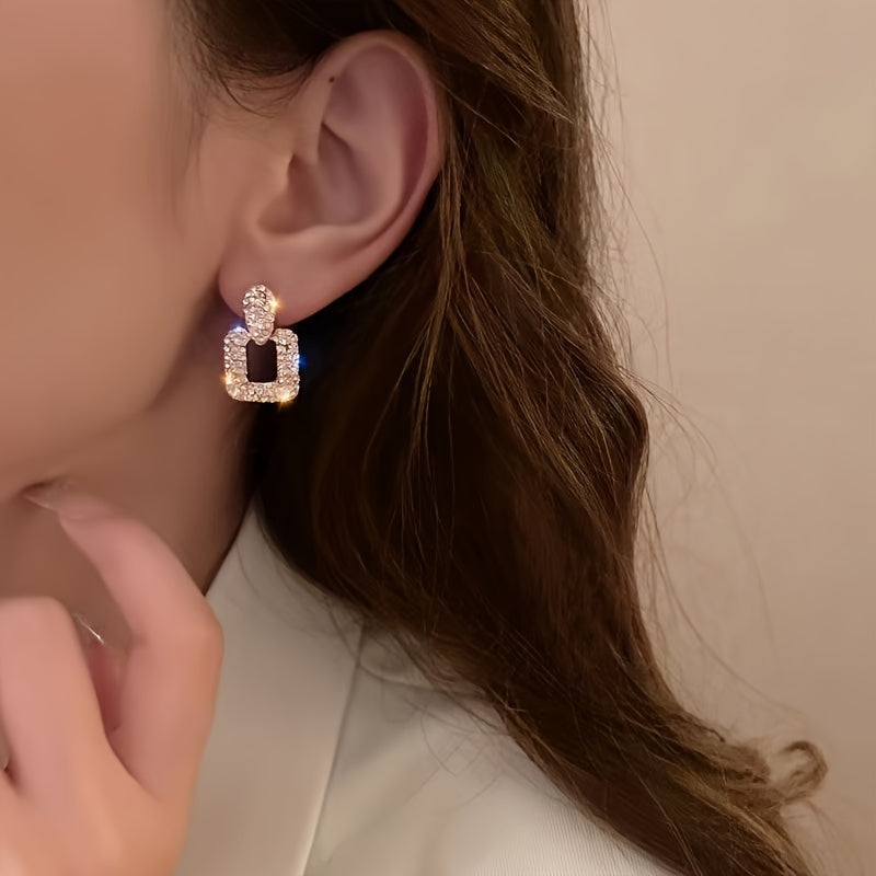Women Water Crystal Geometric Square Drop Earrings Zinc Alloy Stainless Steel Posts
