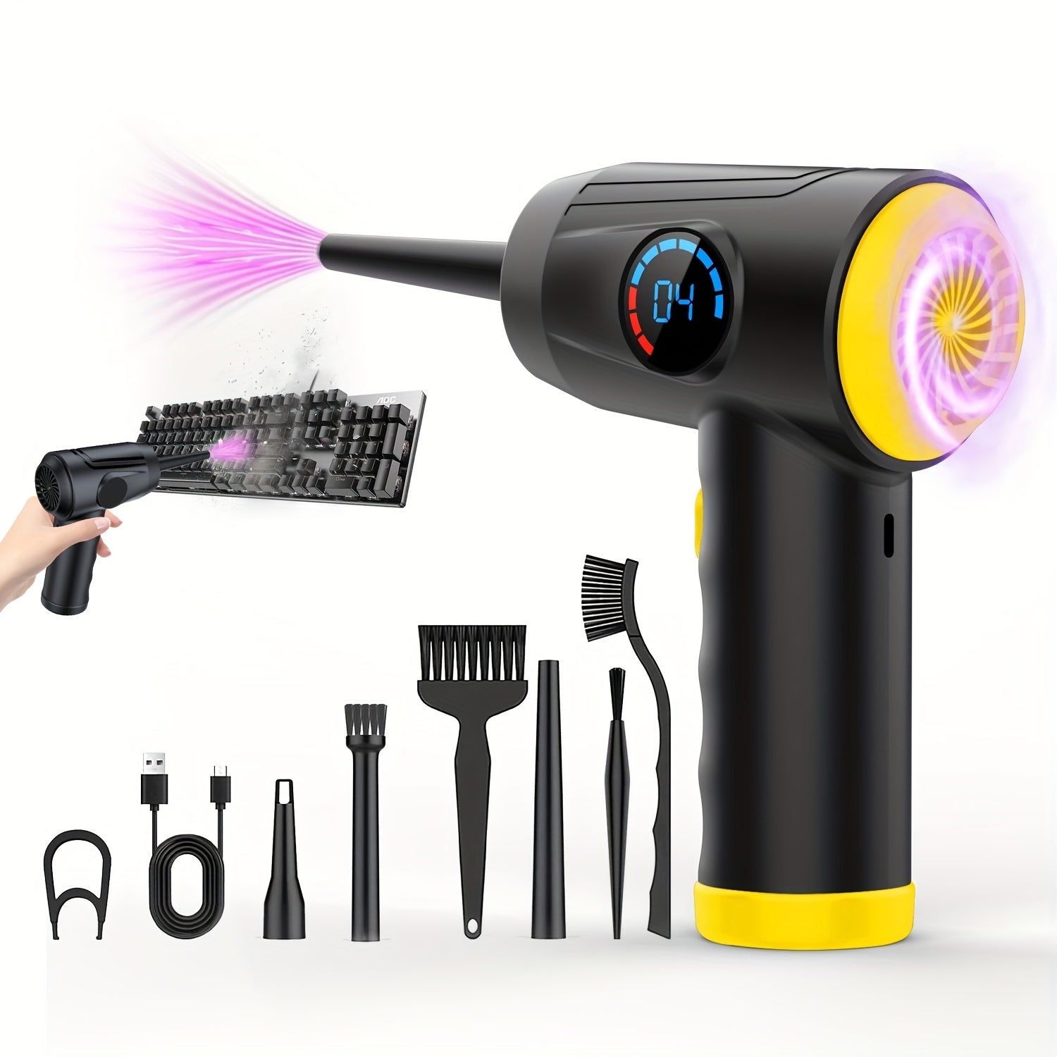 Cordless Air Duster with LED Light and 4 Nozzles, 51000 RPM, 4-Speed Electric Blower, Rechargeable, Portable Computer and Electronics Cleaner