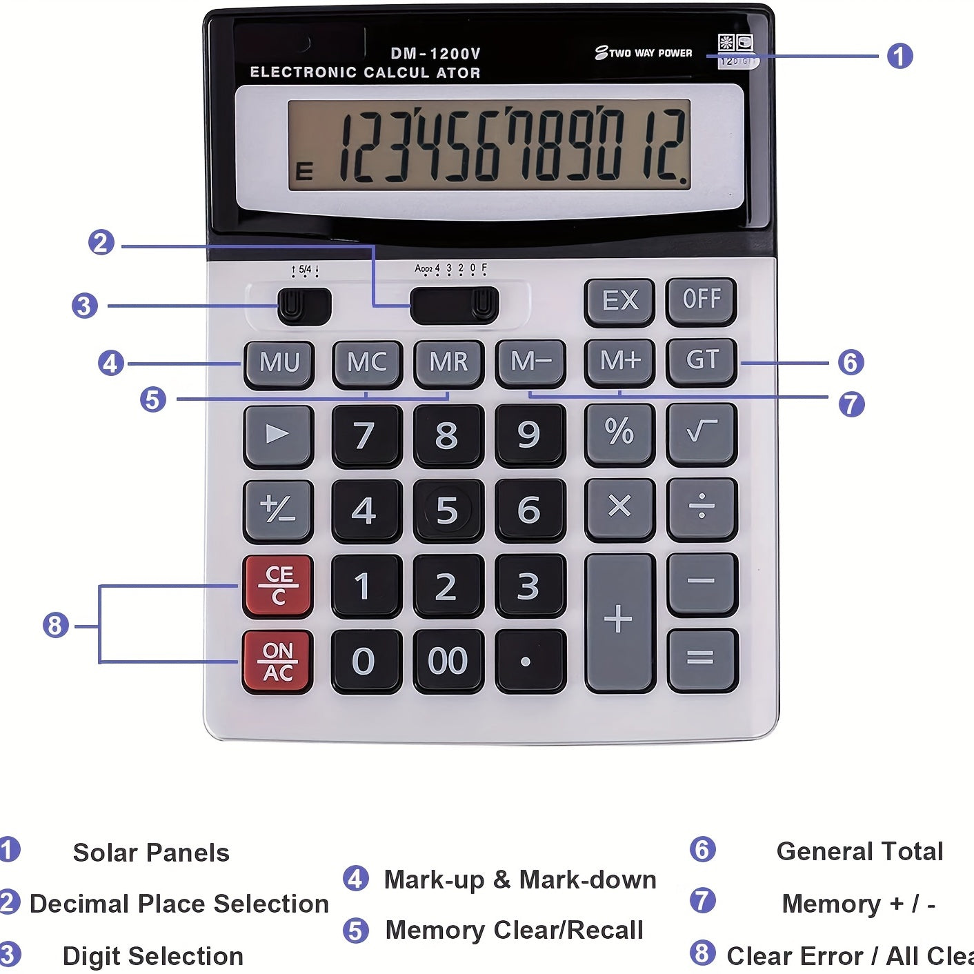 Desktop Calculator Large Display Big Buttons Dual Power 12-Digit Office Use