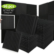 96 Pieces Wedge-Shaped Acoustic Soundproof Foam Panels Flame Retardant Black 30.48x30.48x2.54 cm for Studio Recording Room