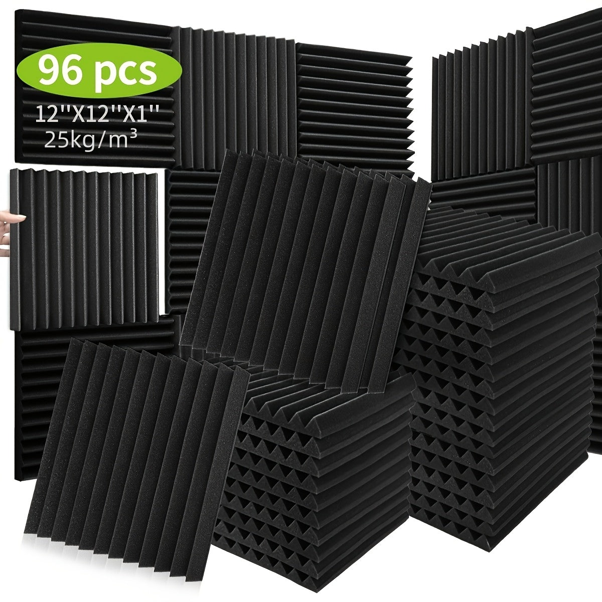 96 Pieces Wedge-Shaped Acoustic Soundproof Foam Panels Flame Retardant Black 30.48x30.48x2.54 cm for Studio Recording Room