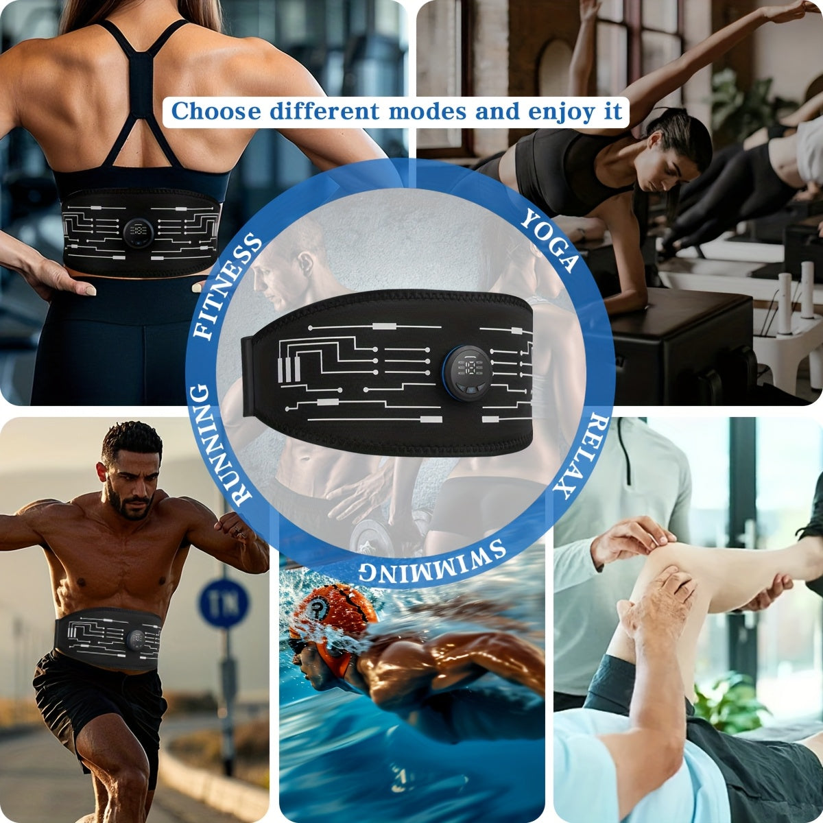Ремень для стимуляции мышц EMS с 6 режимами, 18 уровнями интенсивности, USB-зарядка, для всего тела