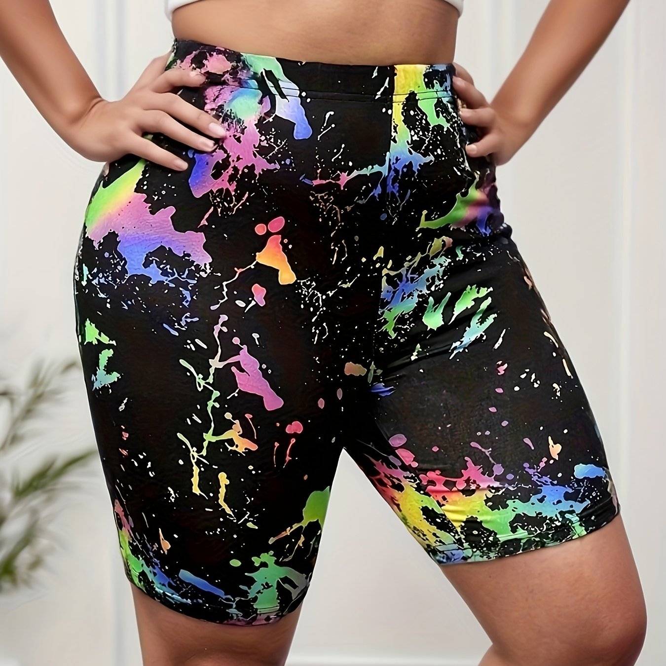 Женские шорты-утяжки с высокой талией и эффектом tie-dye, размер plus, полиэстер, эластичные, летние