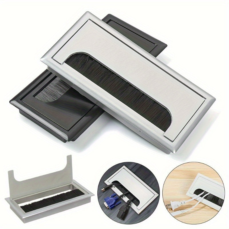 Rectangular Aluminum-Style ABS Plastic Desk Cable Management Box with Brush and Cover Plate