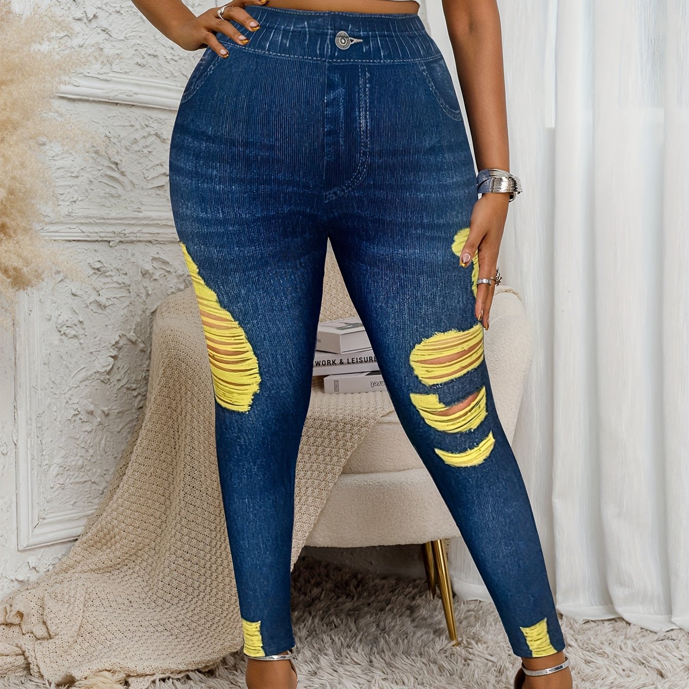Plus Size Denim Print High-Waisted Stretch Jogger Pants for Women
