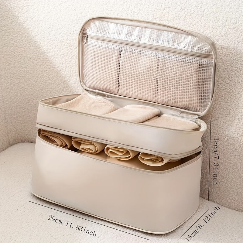 Travel Organizer Bag for Underwear and Bras Double-Layer Divided Compartments Beige Polyester
