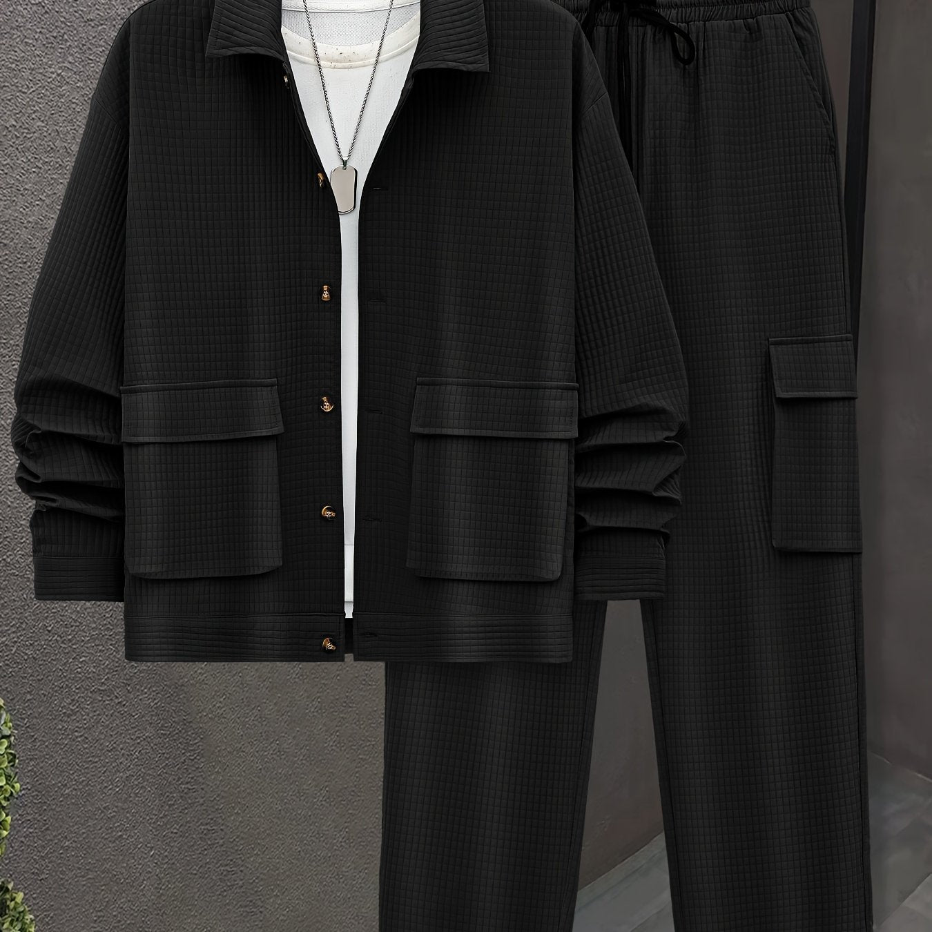 Men's Solid Color Polyester Long-Sleeved Shirt and Drawstring Casual Pants Set