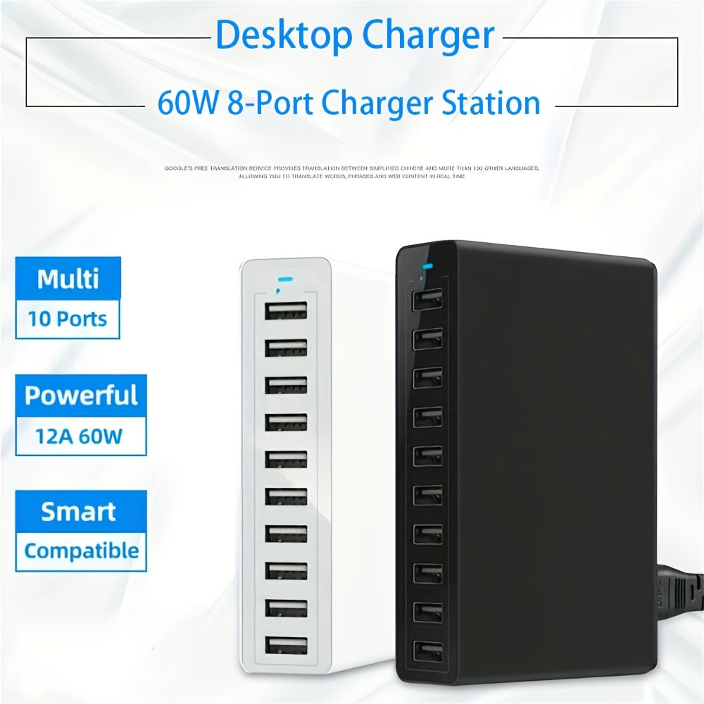 60W Fast Charging 10-Port USB Power Station European Plug Multi-Protection for iPad iPhone and USB Devices