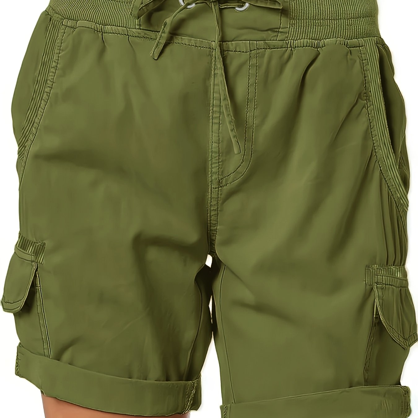 Шорты женские больших размеров оливкового цвета с кроем-карго, шнурком на поясе и боковыми разрезами
