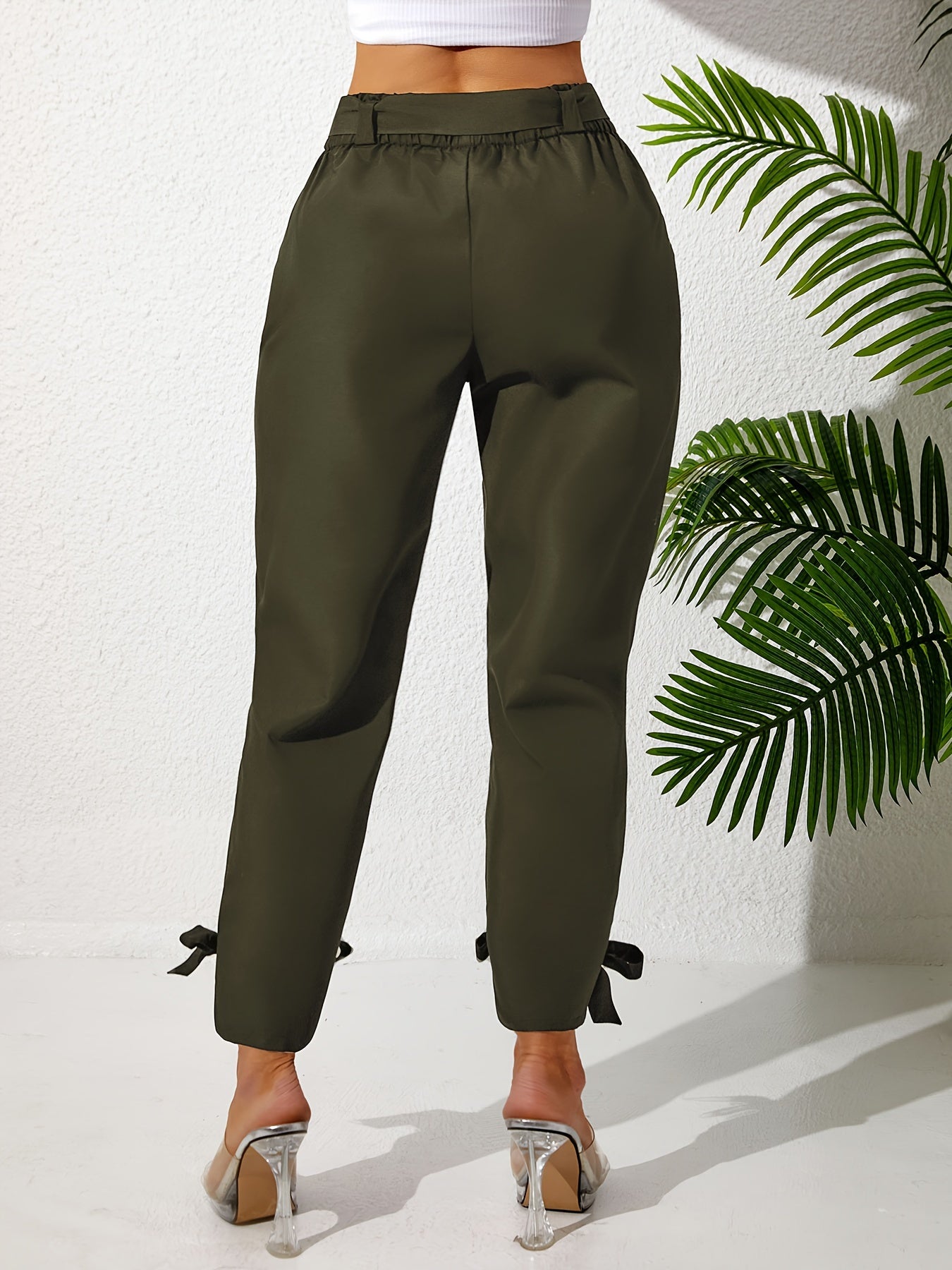 Plus Size Solid Straight Leg Pants with Elastic Drawstring Waist and Bow Detail for Spring and Summer