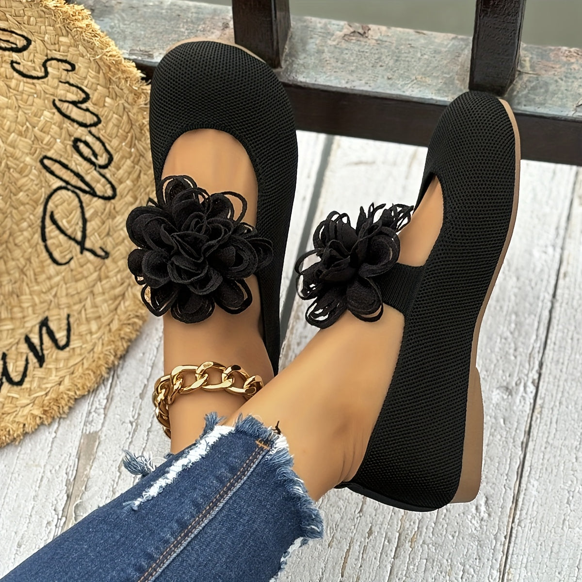 Women's Slip-On Flats Black Cushioned All-Season Dress and Casual Shoes