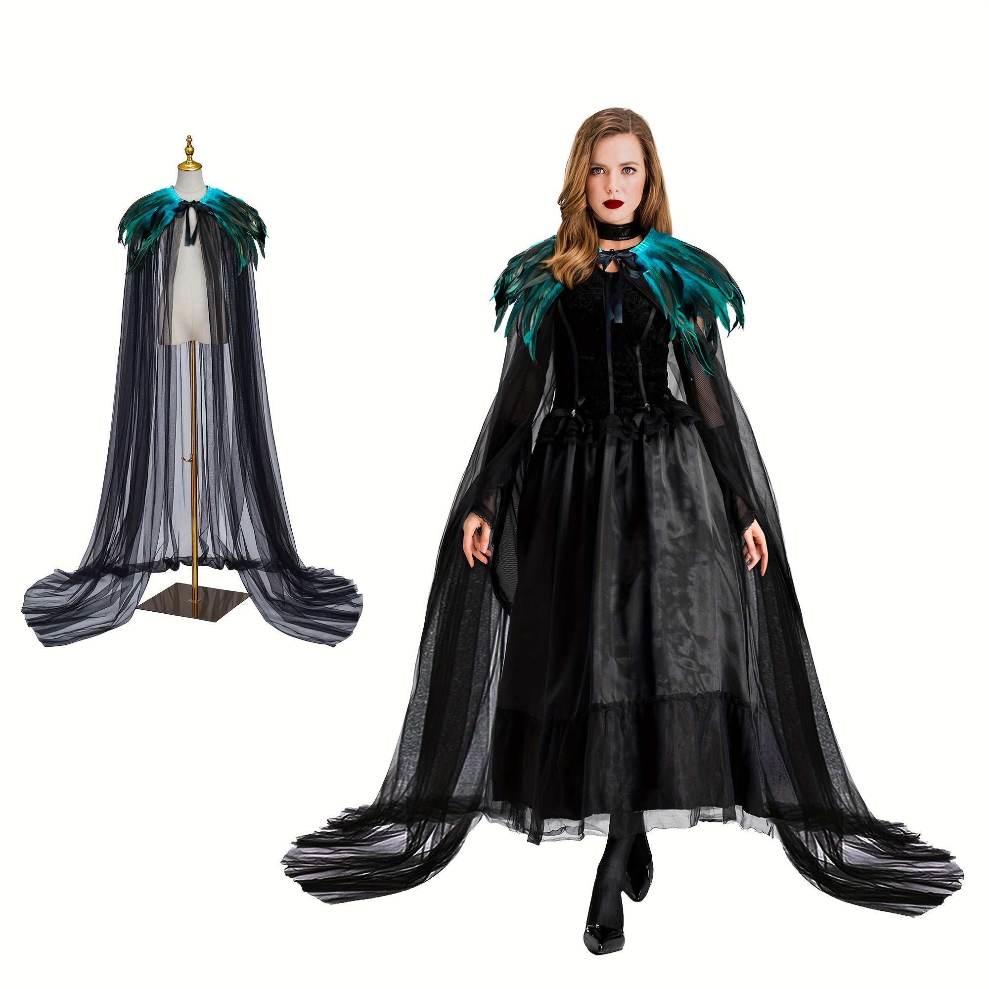 Evil Queen Witch Costume for Women with Feathered Cape Long Robe and Shawl