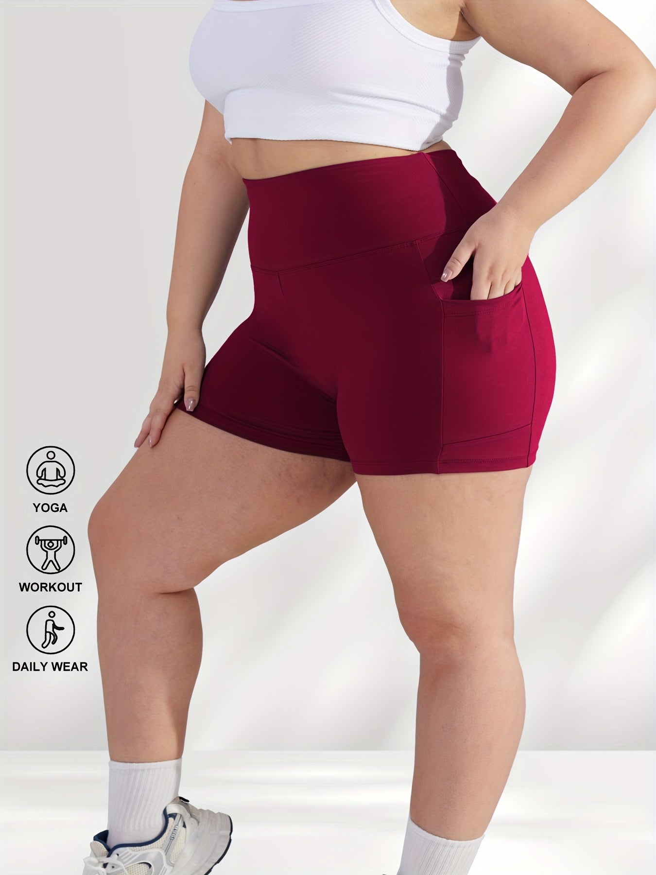 Pack de 3 pantalones cortos de gimnasio de cintura alta para mujer talla grande con bolsillos, ajuste suave