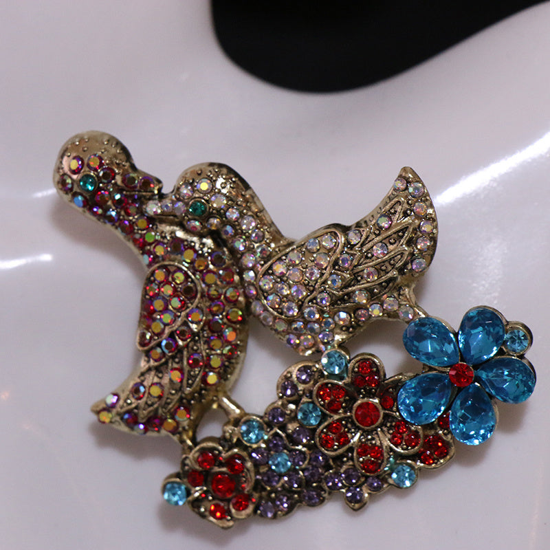 Elegant Enamel Brooch with Mandarin Ducks in Baroque Style Irregular Shape