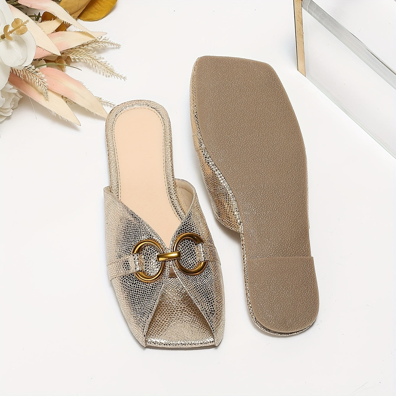 Women's Solid Color Lightweight Flat Metallic Buckle Slides for Summer Vacation
