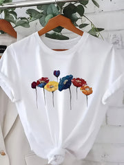 Plus Size Women's Floral Print Short Sleeve T-Shirt Breathable Cotton Casual Top