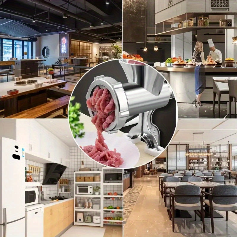 Ko‘p maqsadli oziq-ovqat tayyorlash uchun almashtiriladigan qo‘shimchalar bilan stainless steel qo‘lda go‘sht maydalagich.