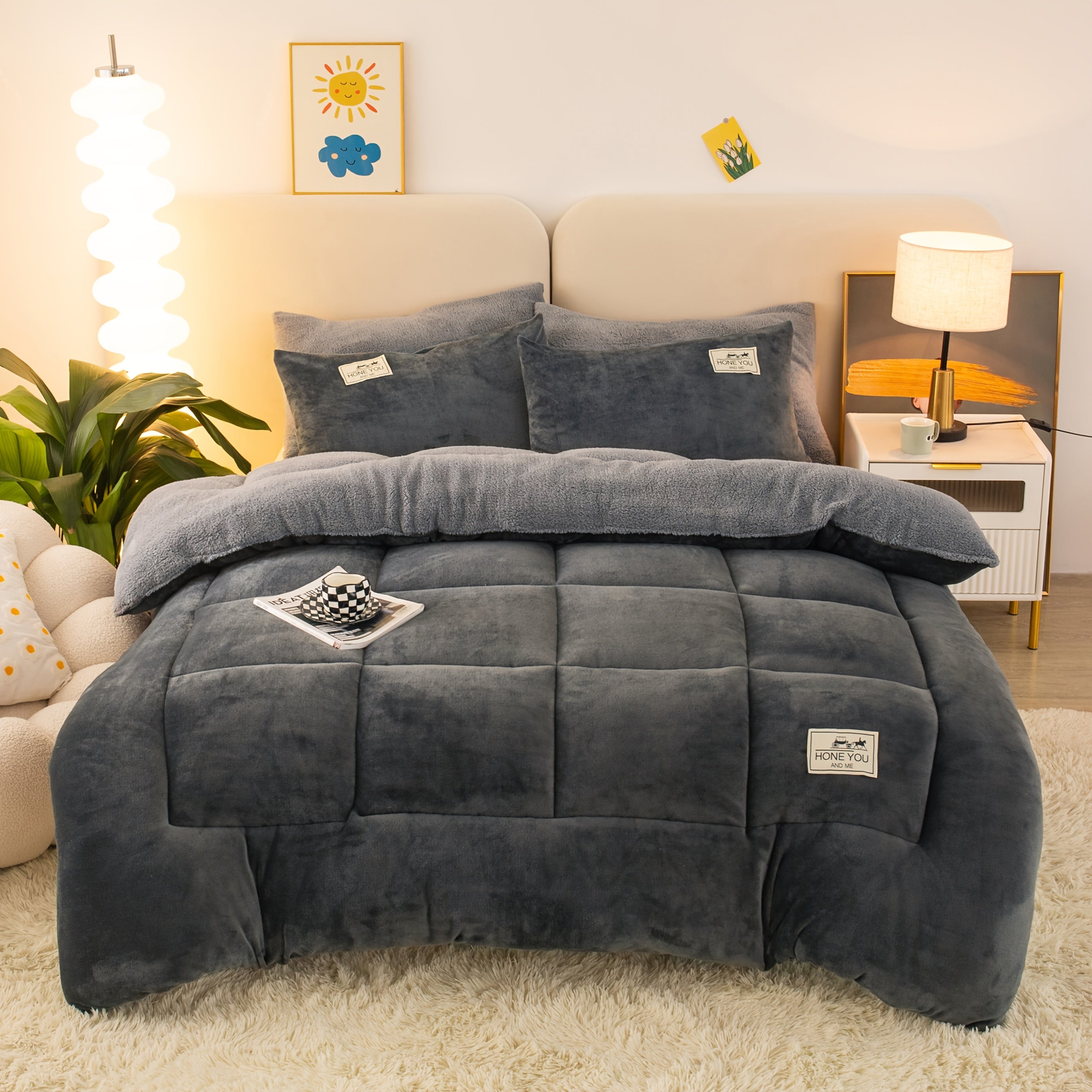 Edredón reversible estilo cabaña de terciopelo con leche y manta de sherpa