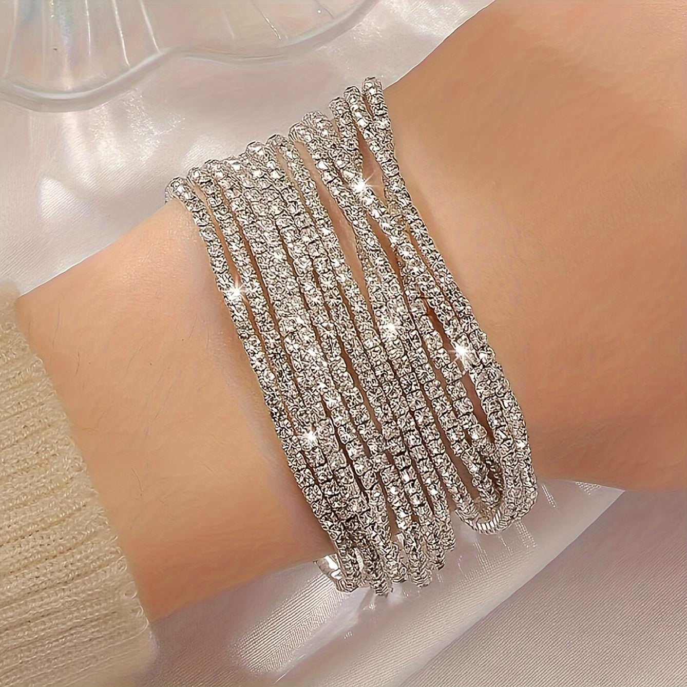 Women's Rhinestone Tennis Bracelets Set 12-Piece Elastic Bangle for Daily Wear